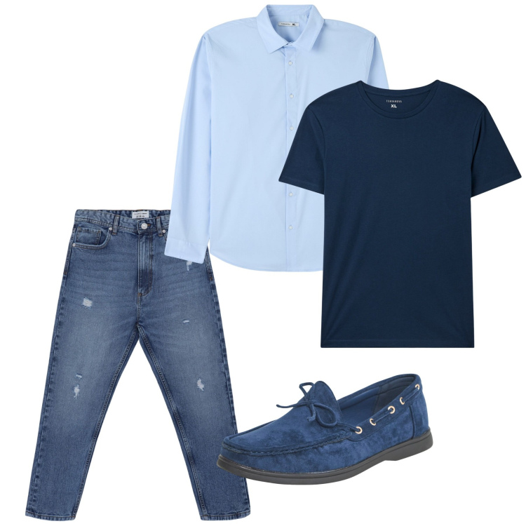 Outfit uomo - Marzo. Stile Casual per Tutti i giorni. Abbinamento con scarpe stringate, camicie, jeans strappati, t-shirt.