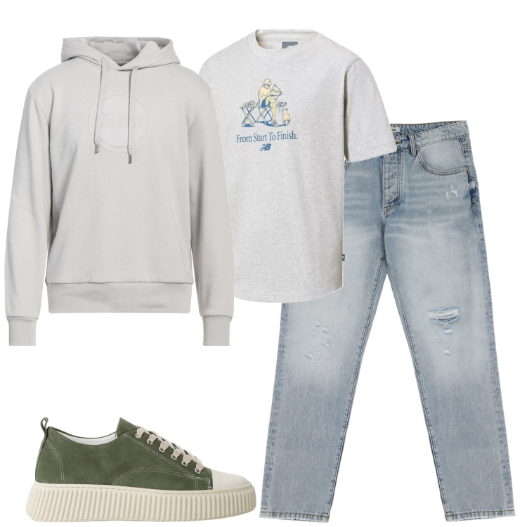 Outfit uomo - City. Stile Casual per Tutti i giorni. Abbinamento con felpe con cappuccio, t-shirt, jeans strappati, sneakers.