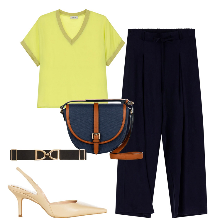 Outfit donna - Total look #2093842. Stile Urban per Tutti i giorni. Abbinamento con cinture, borse a tracolla, décolleté, pantaloni, maglieria.