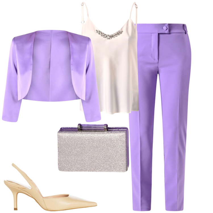 Outfit donna - Lavanda. Stile Glamour per Cerimonia. Abbinamento con pantaloni, bolero, top, pochette, décolleté.