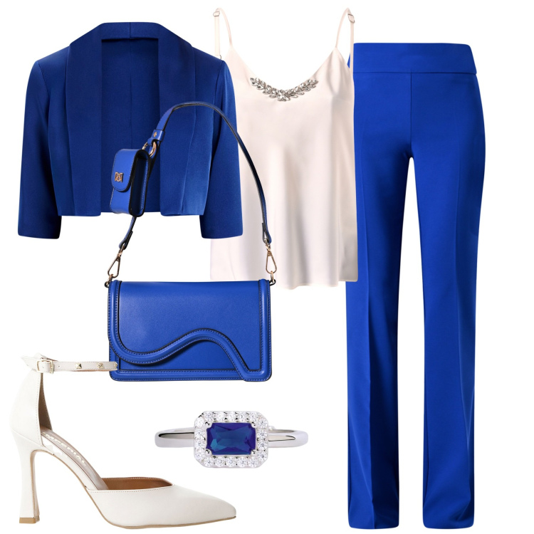 Outfit donna - Rinascimento. Stile Chic per Cerimonia. Abbinamento con décolleté, anelli, pantaloni, top, bolero, pochette.