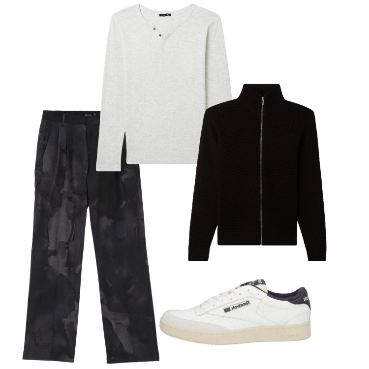 Outfit uomo - City. Stile Casual per Tutti i giorni. Abbinamento con sneakers, cardigans, t-shirt, pantaloni.