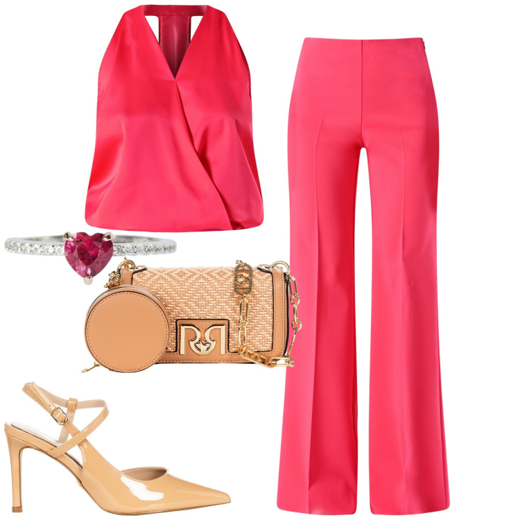 Outfit donna - City. Stile Urban per Tutti i giorni. Abbinamento con pantaloni a palazzo, top, décolleté, borse a tracolla, anelli.