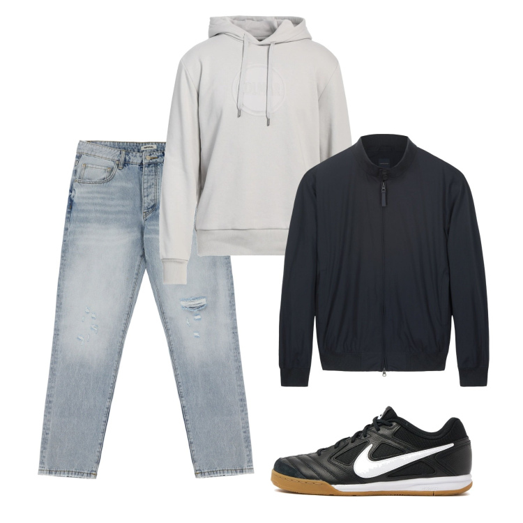Outfit uomo - City. Stile Casual per Tutti i giorni. Abbinamento con felpe con cappuccio, jeans strappati, bomber, sneakers.