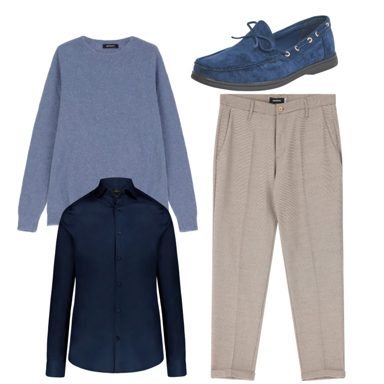 Outfit uomo - City. Stile Casual per Tutti i giorni. Abbinamento con scarpe stringate, pantaloni, maglieria, camicie.