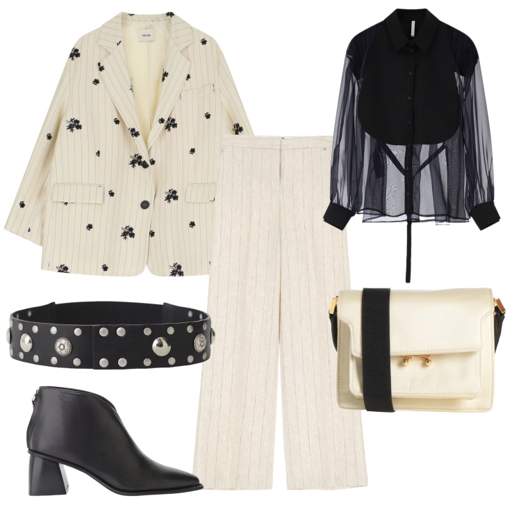 Outfit donna - Praticità con un Tocco di Classe. Stile Chic per Tutti i giorni. Abbinamento con borse a tracolla, pantaloni a palazzo, camicie, blazer, stivaletti, cinture.