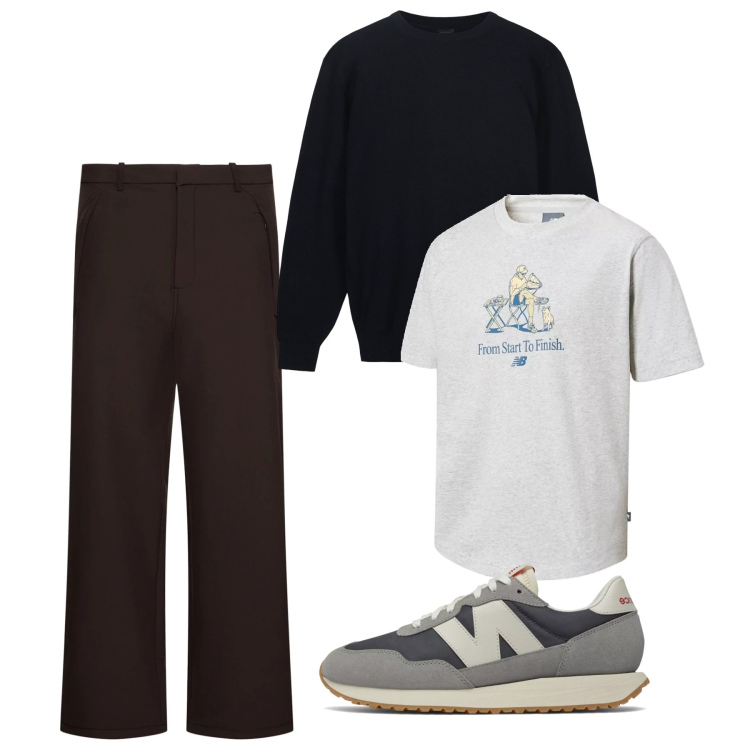 Outfit uomo - City. Stile Casual per Tutti i giorni. Abbinamento con sneakers, t-shirt, maglieria, pantaloni.
