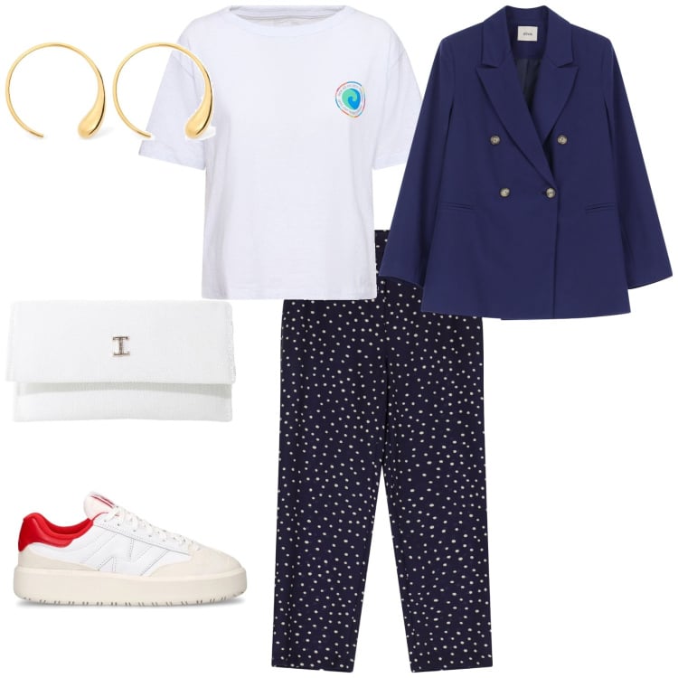 Outfit donna - Giornata comoda. per Tutti i giorni. Abbinamento con pantaloni, borse a tracolla, blazer, sneakers, t-shirt, orecchini.