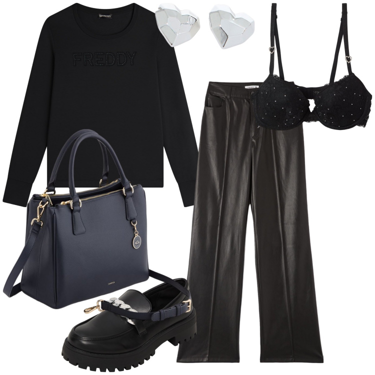 Outfit donna - Intimamente gioielli. Stile Urban per Tutti i giorni. Abbinamento con mocassini, pantaloni, reggiseni push-up, felpe, orecchini, borse a mano.