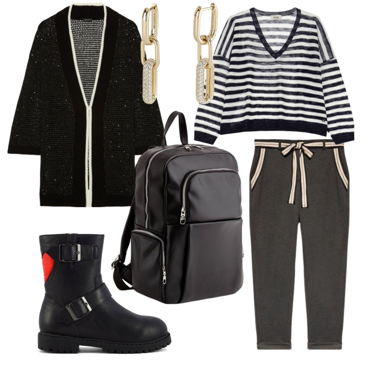 Outfit donna - Orecchini che danno luce. per Scuola/Università. Abbinamento con orecchini, maglieria, pantaloni chino, cardigans, stivaletti, zaini.
