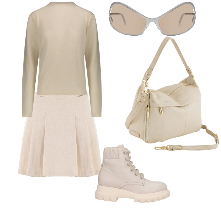 Outfit donna - Primo gelato alla vaniglia. Stile Trendy per Tutti i giorni. Abbinamento con stivaletti, minigonne, borse a tracolla, occhiali da sole, maglieria.