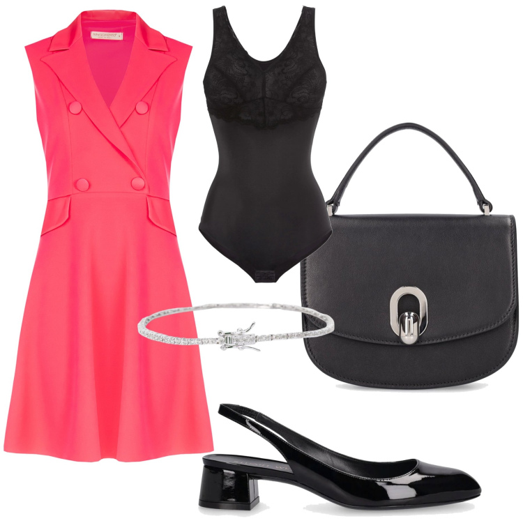 Outfit donna - Corallo. Stile Chic per Ufficio. Abbinamento con body, braccialetti, vestiti midi/longuette, décolleté, borse a mano.