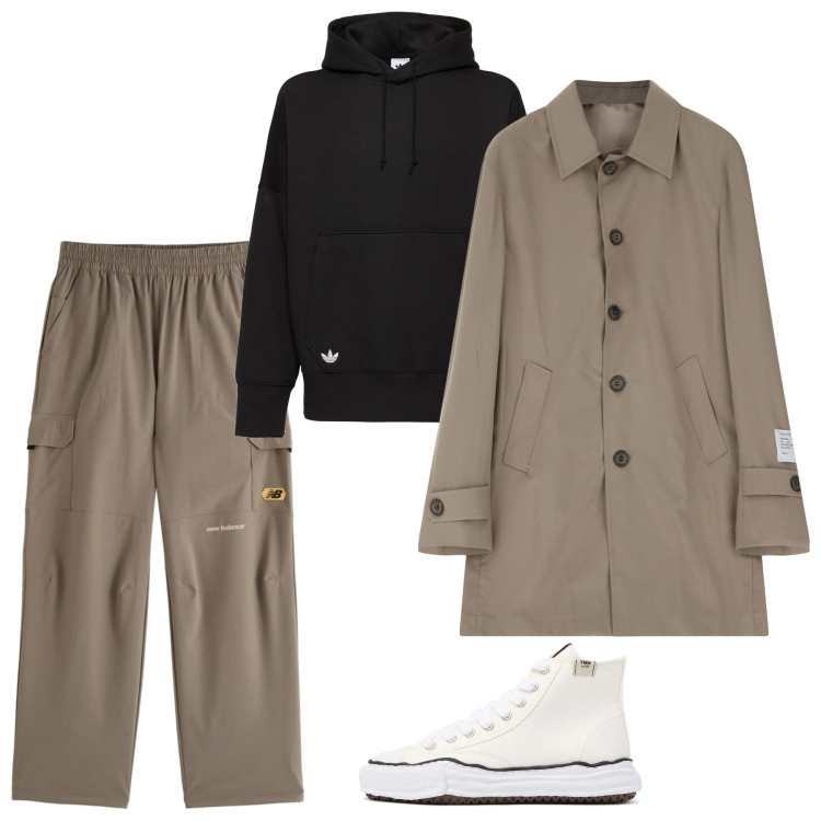 Outfit uomo - City. Stile Casual per Tutti i giorni. Abbinamento con pantaloni, trench, sneakers alte, felpe con cappuccio.
