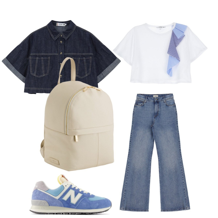 Outfit donna - Parola d’ ordine: denim. Stile Casual per Scuola/Università. Abbinamento con sneakers, t-shirt, blazer, jeans, zaini.