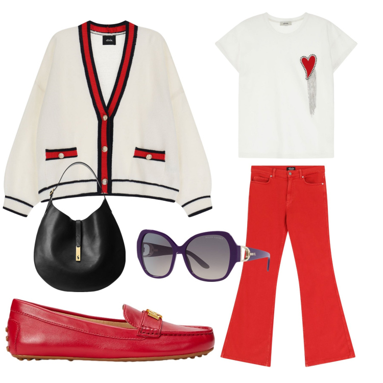 Outfit donna - Dixie Vibes: Siviglia. Stile Minimal per Tutti i giorni. Abbinamento con pantaloni, cardigans, t-shirt, borse a spalla, mocassini, occhiali da sole.