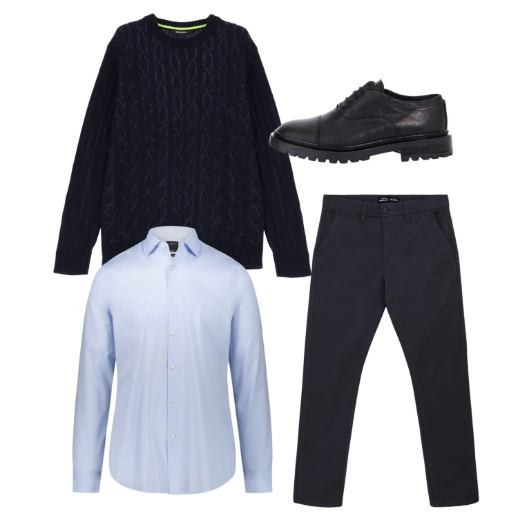 Outfit uomo - City. Stile Casual per Tutti i giorni. Abbinamento con pantaloni chino, maglieria, scarpe stringate, camicie.