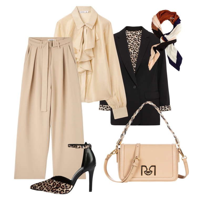 Outfit donna - Rouches e animalier. Stile Glamour per Serata fuori. Abbinamento con blazer, camicie, décolleté, pantaloni, borse a tracolla, foulard.