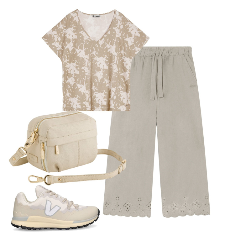 Outfit donna - City. Stile Casual per Tutti i giorni. Abbinamento con pantaloni, t-shirt, sneakers, borse a tracolla.