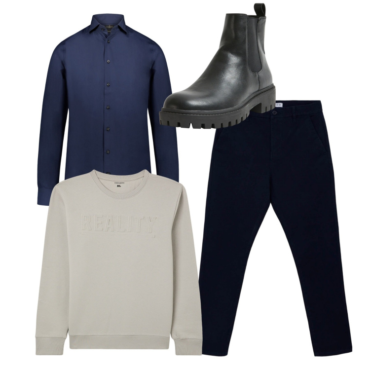 Outfit uomo - City. Stile Casual per Tutti i giorni. Abbinamento con pantaloni chino, stivali e stivaletti, felpe, camicie.
