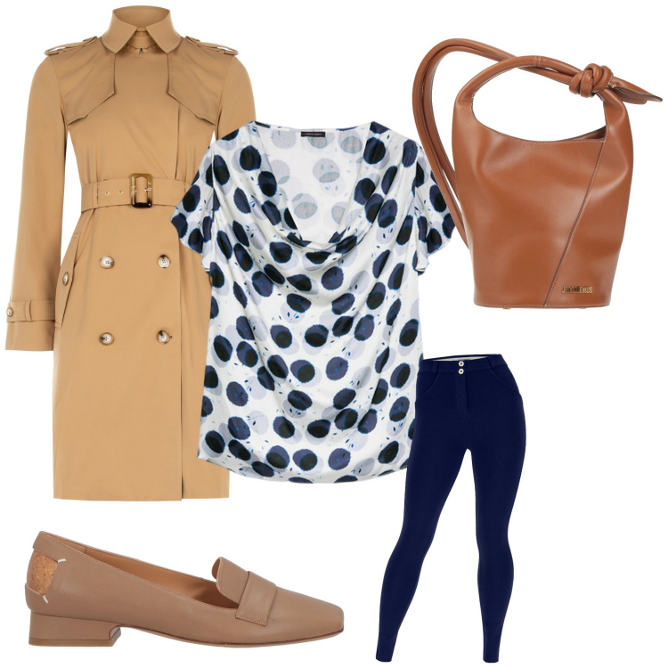 Outfit donna - Trench per il giorno e la sera. Stile Casual chic per Tutti i giorni. Abbinamento con borse a secchiello, mocassini, trench, pantaloni skinny, top.