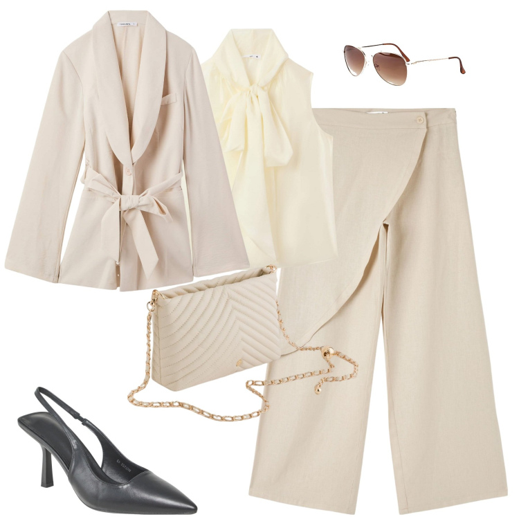 Outfit donna - City. Stile Trendy per Tutti i giorni. Abbinamento con occhiali da sole, blazer, bluse, pantaloni, décolleté, borse a tracolla.
