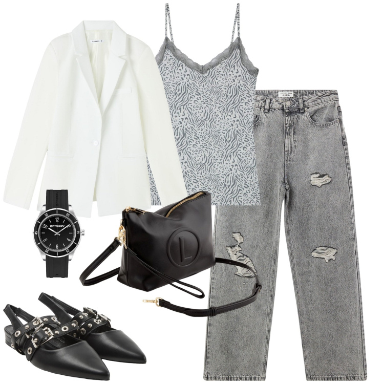 Outfit donna - City. Stile Urban per Tutti i giorni. Abbinamento con top, blazer, jeans strappati, sabot, orologi, valigie.
