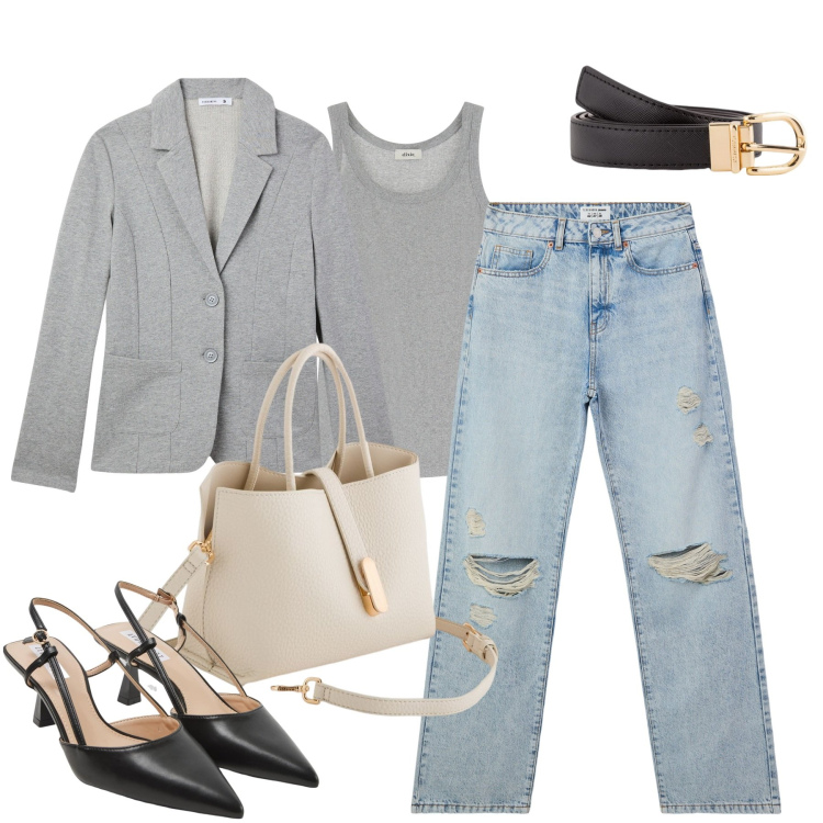 Outfit donna - City. Stile Urban per Tutti i giorni. Abbinamento con jeans strappati, sabot, blazer, canottiere, borse a mano, cinture.
