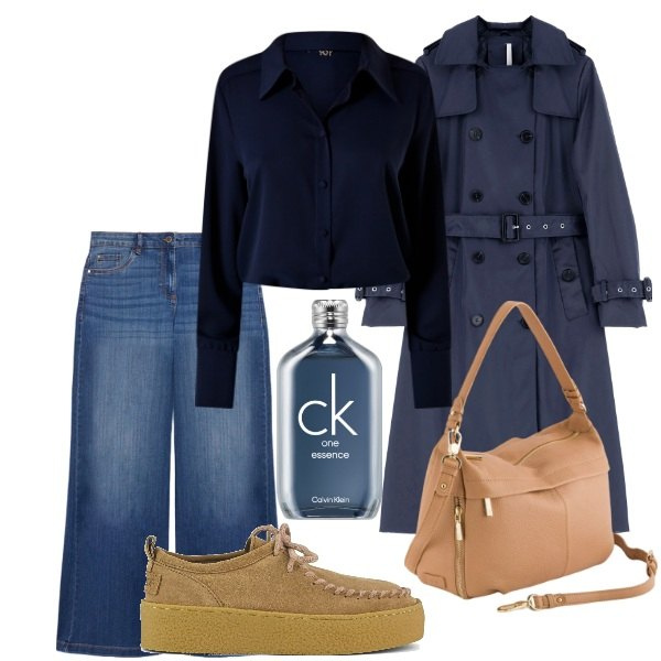 Outfit donna - Aspettando la primavera. Stile Trendy per Tutti i giorni. Abbinamento con profumi, camicie, trench, jeans, borse a tracolla, mocassini.