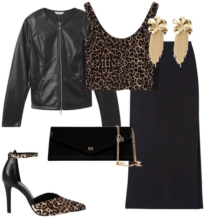 Outfit donna - Serata. Stile Sexy per Serata fuori. Abbinamento con blazer, décolleté, gonne lunghe, pochette, top, orecchini.