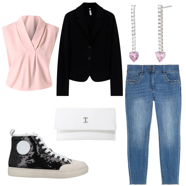 Outfit donna - welcome spring. Stile Casual per Tutti i giorni. Abbinamento con sneakers alte, orecchini, bluse, borse a tracolla, blazer, jeans skinny.