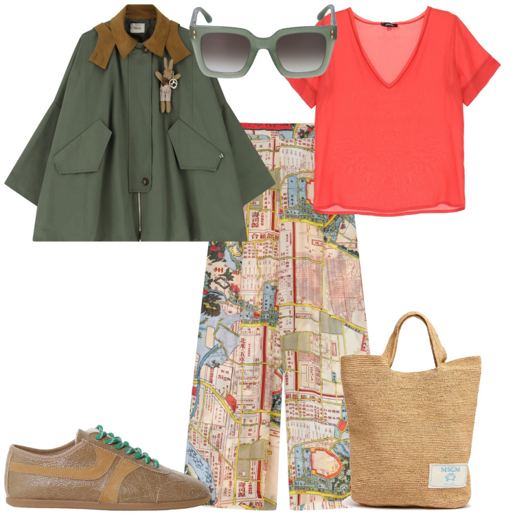 Outfit donna - Week end fuori porta. Stile Sporty chic per Tutti i giorni. Abbinamento con t-shirt, sneakers, pantaloni a palazzo, blazer, occhiali da sole, shopping bag.