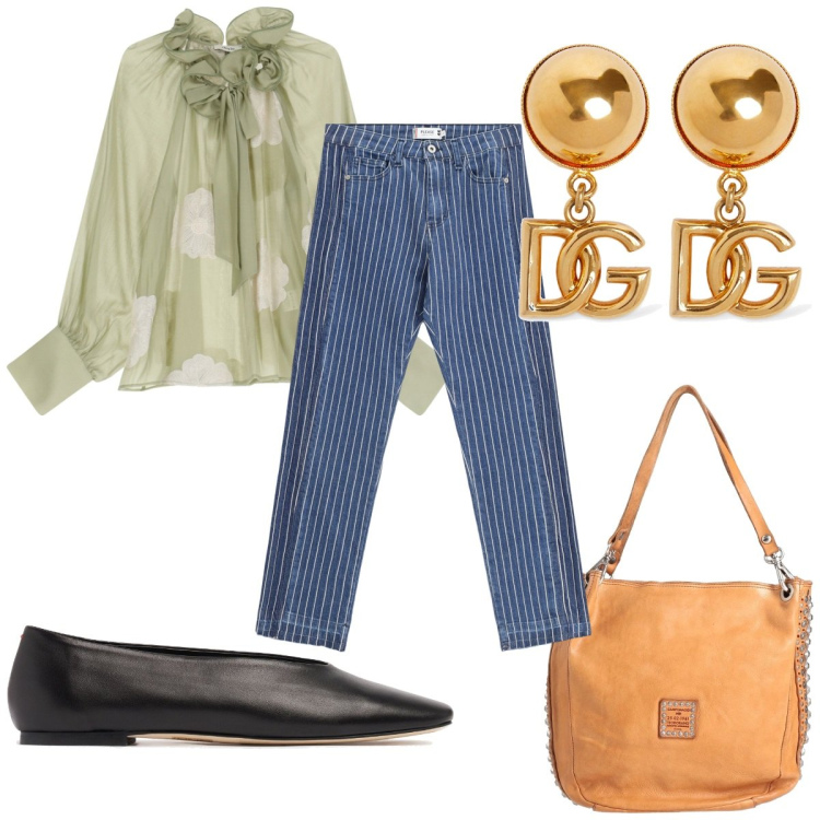 Outfit donna - Total look #2093965. Stile Trendy per Tutti i giorni. Abbinamento con borse a mano, jeans slim fit, bluse, orecchini, ballerine.