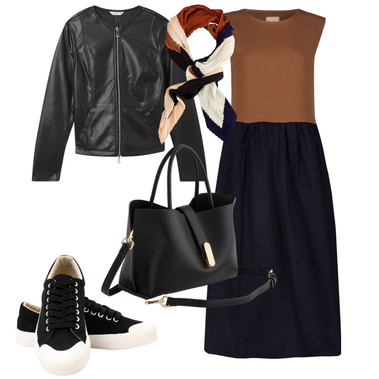 Outfit donna - City. Stile Casual chic per Tutti i giorni. Abbinamento con blazer, sneakers, vestiti midi/longuette, borse a mano, foulard.