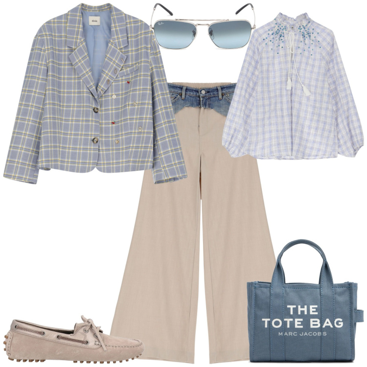 Outfit donna - In ufficio con stile. Stile Sporty chic per Ufficio. Abbinamento con mocassini, blazer, pantaloni, camicie, borse tote, occhiali da sole.