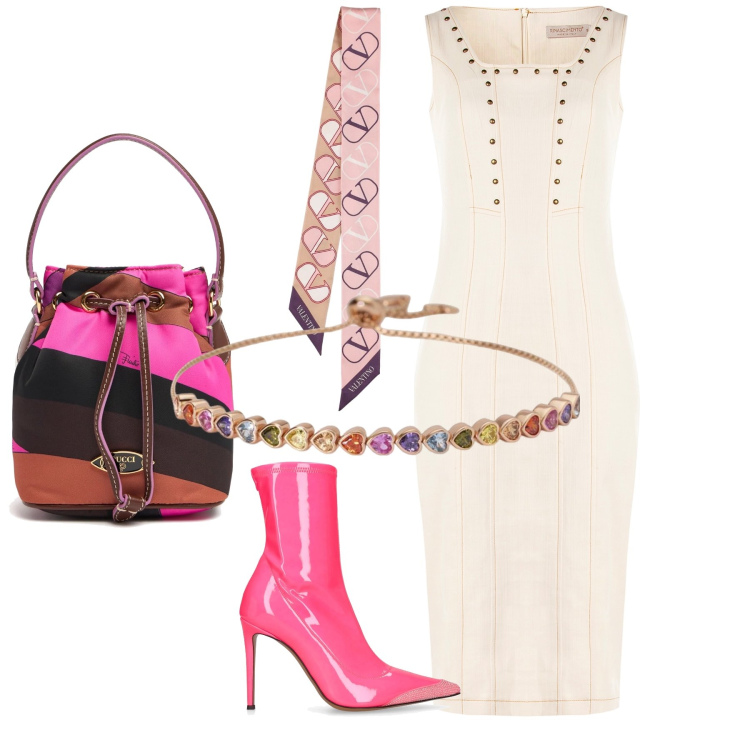 Outfit donna - Elegante al lavoro di ufficio. Stile Glamour per Ufficio. Abbinamento con braccialetti, vestiti, stivaletti, sciarpe, borse a secchiello.