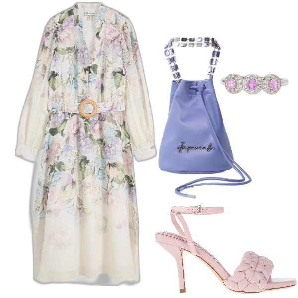 Outfit donna - Cerimonia romantica. Stile Romantica per Cerimonia. Abbinamento con vestiti midi/longuette, sandali in pelle, anelli, borse a secchiello.