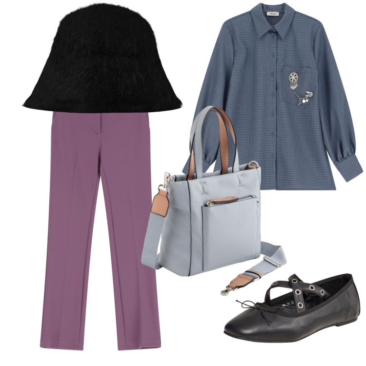 Outfit donna - Salto al negozio. Stile Basic per Tutti i giorni. Abbinamento con ballerine, pantaloni, camicie, cappelli, borse a mano.