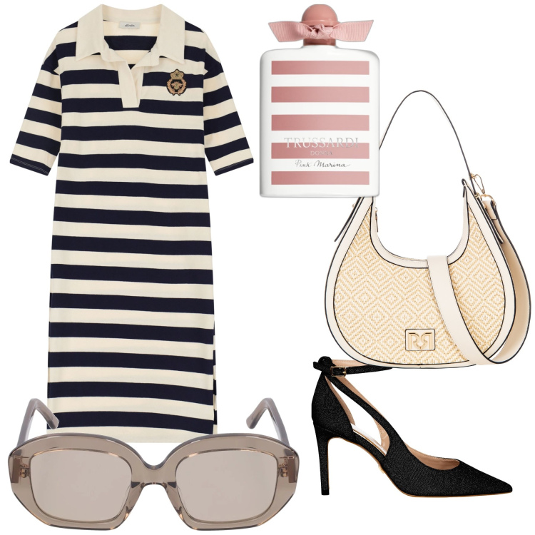 Outfit donna - Righe. Stile Trendy per Ufficio. Abbinamento con profumi, décolleté, borse a mano, vestiti, occhiali da sole.
