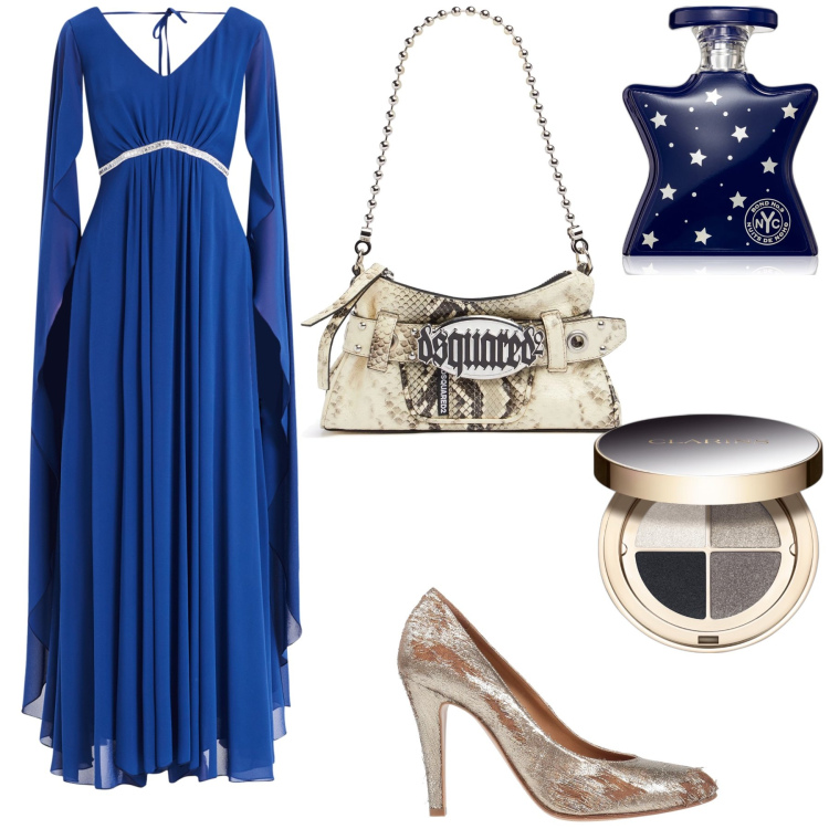 Outfit donna - Notte blu e oro. Stile Glamour per Serata fuori. Abbinamento con décolleté, profumi, ombretti, vestiti lunghi, pochette.