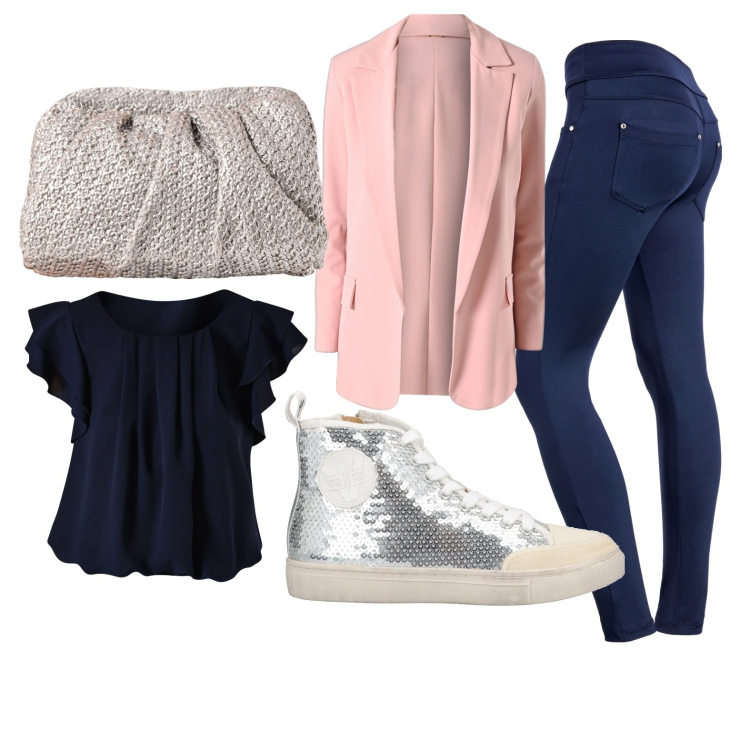Outfit donna - Blu & pink in a silver drop. Stile Casual per Tutti i giorni. Abbinamento con sneakers alte, clutch, bluse, blazer, pantaloni.