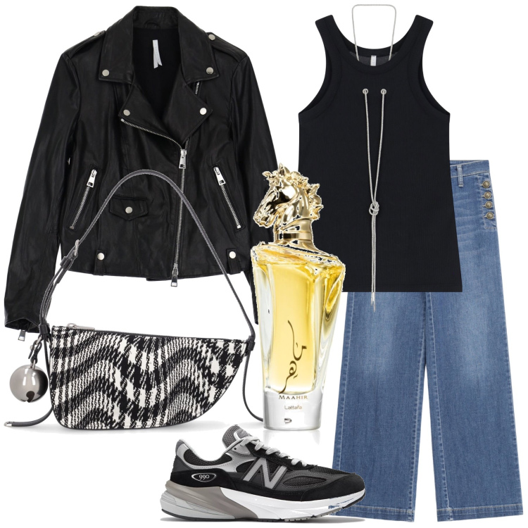 Outfit donna - Black and black. Stile Casual per Tutti i giorni. Abbinamento con profumi, jeans a zampa, sneakers, giacche, top, borse a spalla.