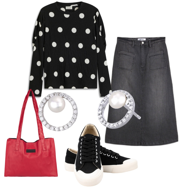 Outfit donna - Pois. Stile Casual chic per Tutti i giorni. Abbinamento con maglieria, gonne longuette, orecchini, shopping bag, sneakers.