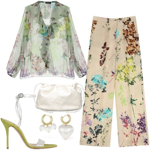 Outfit donna - Cerimonia romantica blusa e pantaloni. Stile Romantica per Cerimonia. Abbinamento con sandali in pelle, pantaloni a palazzo, bluse, orecchini, pochette.