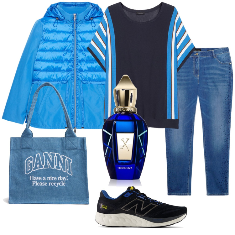 Outfit donna - Ganni. Stile Casual chic per Tutti i giorni. Abbinamento con profumi, sneakers, piumini, jeans skinny, shopping bag, maglieria.