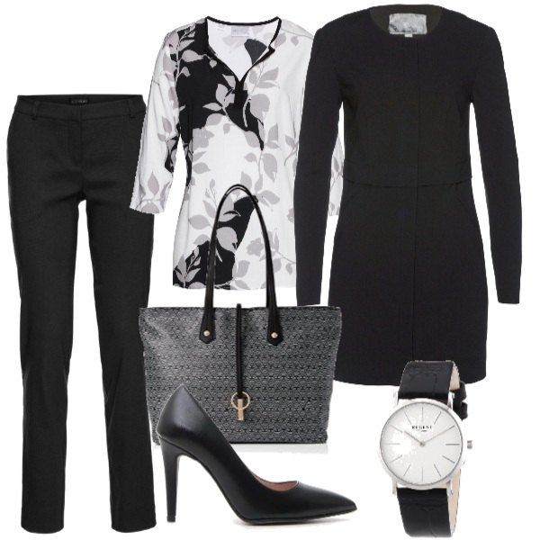 Outfit donna - Meeting. Stile Chic per Ufficio. Abbinamento con pantaloni, soprabito nero, tunica, borsa tote con stampa nero, décolleté nero, orologio nero.