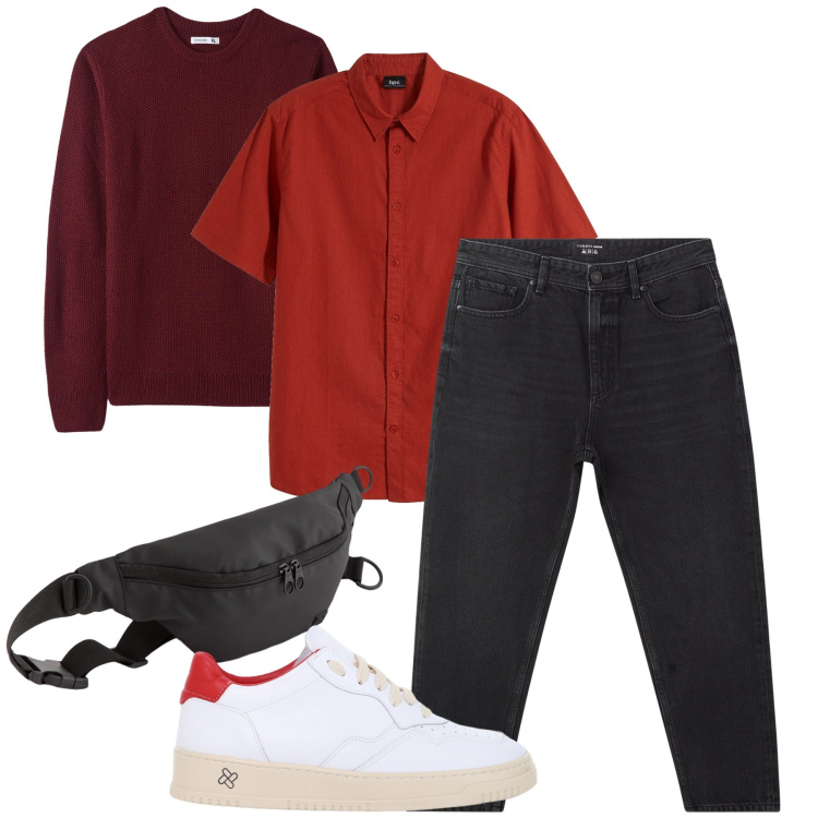 Outfit uomo - Il jeans nero. Stile Urban per Ufficio. Abbinamento con camicie a manica corta, jeans, maglieria, sneakers, borse sportive.
