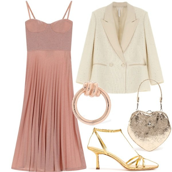Outfit donna - Cerimonia di primavera. Stile Chic per Cerimonia. Abbinamento con vestiti midi/longuette, blazer, orecchini, pochette, sandali in pelle.