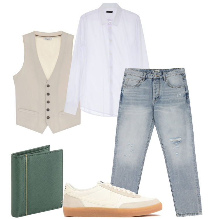 Outfit uomo - Il gilet casual. Stile Urban per Ufficio. Abbinamento con jeans strappati, camicie, gilet, sneakers, portafogli.