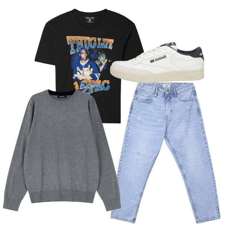 Outfit uomo - City. Stile Casual per Tutti i giorni. Abbinamento con sneakers, t-shirt, jeans strappati, maglieria.