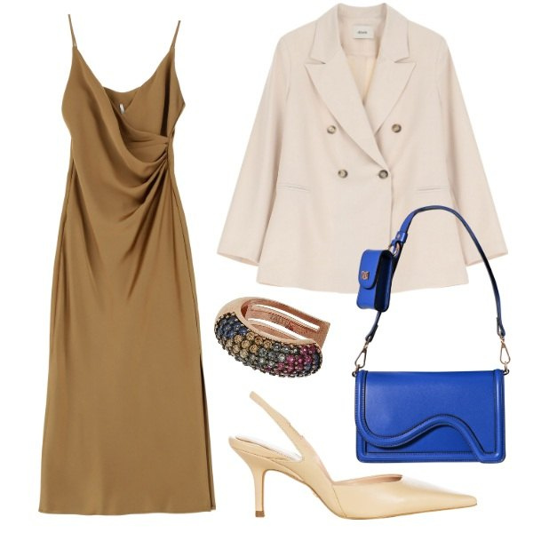 Outfit donna - Cerimonia di primavera. Stile Chic per Cerimonia. Abbinamento con vestiti midi/longuette, pochette, décolleté, blazer, orecchini.